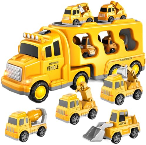5 in 1 Construction Vehicles Toy for Boys Ages 3 4 5 Years and Up, Car Transporter Truck with 4 Small Cars, Friction Crane, Mixer, Buldozer, Excavator, Gift for 2 3 Year Old Children