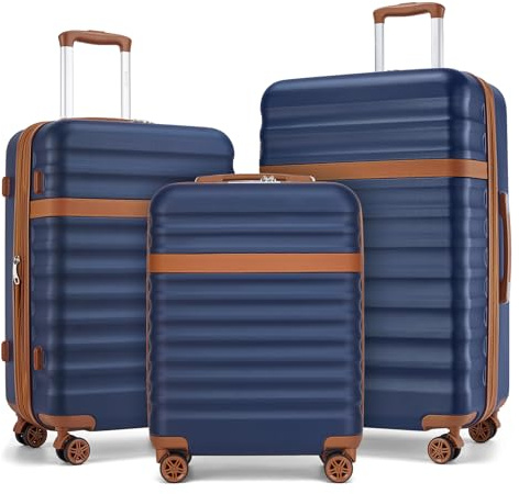 Kono 3 PCS Luggage Set Hard Shell ABS+PC Suitcase with TSA Lock(Navy/Brown)