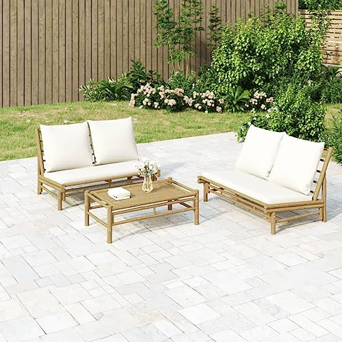 QJBSAVVA Gartenlounge Set aus Bambus mit cremeweißen Kissen 2-TLG. Couchtisch 100 x 55 cm Bank 115 x 85 cm Robust und platzsparend für Balkon Terrasse und Garten