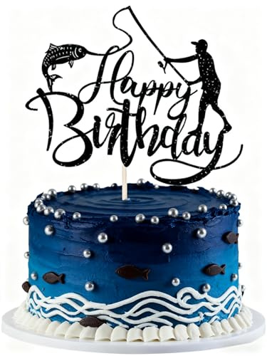 Fisherman Themed Happy Birthday Cake Topper - Black Glitter Gone Fishing Cake Decor, Outdoor Fishing Supplies for Angler Birthdays & Kids Birthday Party Supplies Cake Decoration (1)