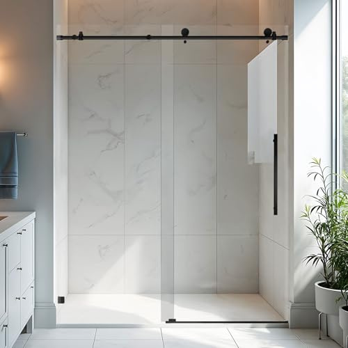 BoBliss Frameless Sliding Glass Shower Door, 56-60 W x 76 H, 5/16 (8mm) Clear Tempered Glass Bathroom Sliding Door, Stainless Steel Hardware, Matte Black Finish