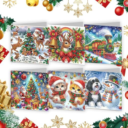 JhavexToy 6 Stück Diamond Painting Weihnachtskarten,Weihnachtskarte 3D Weihnachts-Grußkarte Diamanten Weihnachtskarten Diamantmalerei Grußkarten,Weihnachten Geschenk für Freunde Familie und Lehrer