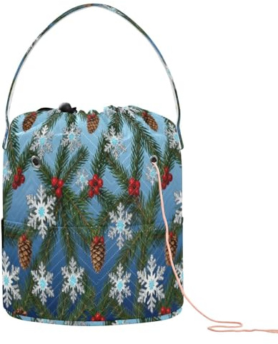 GuoChe Tannenzapfen und Schneeflocke Weihnachtsmuster (blau) Häkelgarn-Tasche, Stricktasche, Garn, tragbare Nadel-Aufbewahrung für Stricken, Häkeln, Reisezubehör
