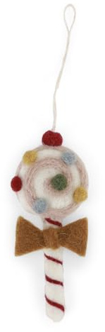 Gry & SIF Filz Weihnachtsanhänger 12 cm – Handmade & Fair Trade – Zuckerstab/Lollipop Deko aus Wollfilz – Skandinavische Weihnachtsdeko (Schleife Ochre)