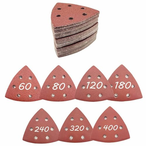 Zelihrdu 70pcs Hojas Lijas Delta, 6 Agujeros Almohadillas de Lijado 93 x 93 x 93mm, Lija Papel de Lija Triangular, para Máquinas de Lijadora Triangulares, Pulido, Grano 60/80/120/180/240/320/400