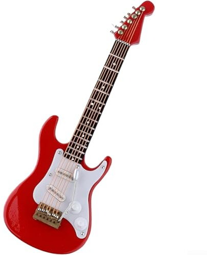 Guitare électrique miniature en bois de 14 cm avec support et étui doublé de velours, instrument de collection non jouable pour décoration de maison ou de salle de musique (rouge)