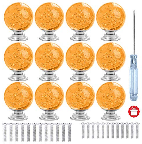 anjuu 12 PCS 30 mm Runde Form Blase Kristall Glas Möbelknopf mit Schrauben Schublade Knopf Pull Griff verwendet für Küche, Kommode, Tür, Schrank bernsteinfarben