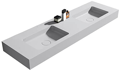 Wandwaschbecken Doppelwaschtisch BA8015 aus Mineralguss - 153 x 45 x 12 cm - Farbe wählbar - Metallkonsole optional, Farbe:Weiß matt, Untergestell:Ohne Untergestell