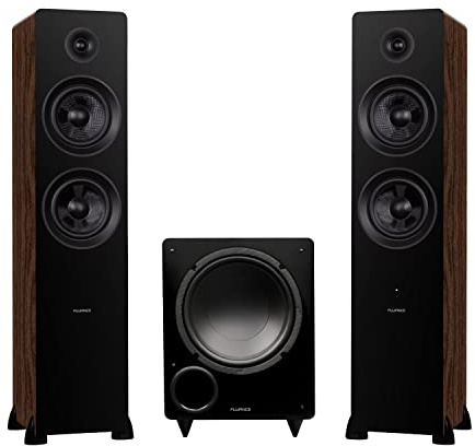 Fluance Ai81 Powered Floorstanding Tower Speakers and DB10 10 Low Frequency Ported Front Firing Powered Subwoofer with 15 Feet RCA Ultimate Performance Collection Subwoofer Cable (Natural Walnut)