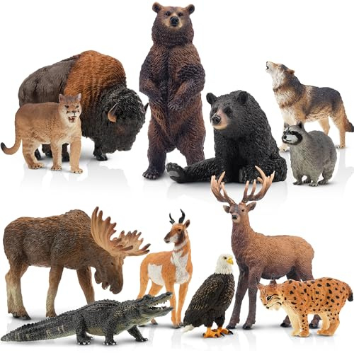 toymany 12PCS North American Forest Animal Figurines, Realistic Jungle Animal Set Includes Raccoon,Lynx,Wolf,Bear,Eagle, Educational Toy Cake Toppers Christmas Birthday Gift for Kids Toddlers