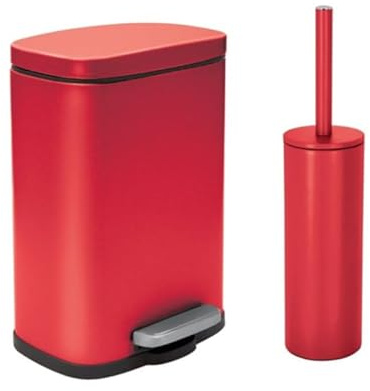 Spirella - Set Poubelle à Pédale + Brosse WC en Acier AKIRA - Fermeture Douce Easy-Close, Revêtement Anti Trace de Doigts - 21,4 x 17,6 x 30 cm - 5L - Rouge Mat