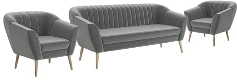 MEBLINI Mini Sofa Set 3-1-1 für Wohnzimmer - Mini Lounge für fünf Personen - Küchensofa - Sofa Klein - Sitzgarnitur - Polstergarnitur - Sofagarnituren - KAIA - 3+1+1 - Hellgrau Samt