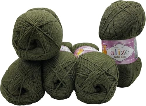 500g Strickwolle Ilkadim Export Cotton gold einfarbig, 5 x 100g Strickgarn mit 55% Baumwolle, uni (grün 29)