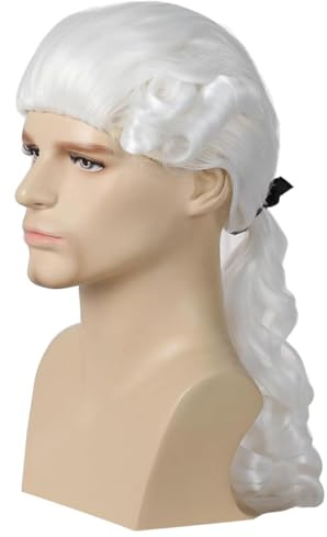 PORSMEER Herren Barock Perücke mit Zopf Beige Richter Perücke Rokoko Lockig Marquis Perücke für Faschings Halloween, Lange Welle Weiß Perücke Washington Kostüm Cosplay Wig(Weiße)