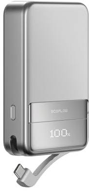 Batterie Externe magnétique EcoFlow Rapid 10000 mAh, Chargeur Portable sans Fil avec câble USB-C intégré, offrant Une Charge Rapide jusqu'à 65 W, pour iPhone 16/15/14/13/12-Argent
