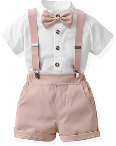 Yaopelky Vestito Formale Bambino Gentiluomo Camicia Manica Corta Papillon Ragazzo Bretella Pantaloncini Abito da sposa Abiti Ragazzi, rosa, 4-5 Years