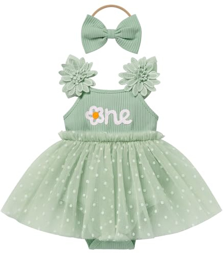 FYMNSI Baby Girl 1st First Birthday Outfit Toddler One Year Old Party Cake Smash Flower Embroidery Polka Dots Tulle Tutu Princess Romper Dress Bowknot Headband Baptism Pageant Wedding Green 12-18M