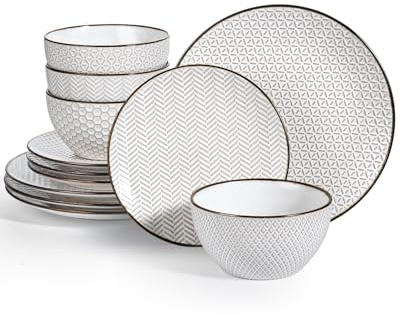 Anmula Vajilla (12 piezas): Platos, fuentes y tazones de cerámica, tazón de cereal con relieve de 768 ml, plato llano de 26,7 cm, plato para ensalada de 21,6 cm, apta para microondas y horno, blanco