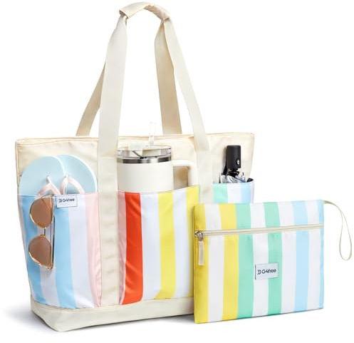G4Free Beach Bag, Waterproof Beach Tote Pool Bags for Women | Compatible with Cup, Large Capacity Sandproof Foldable for Weekender Travel Swim- Rainbow stripe