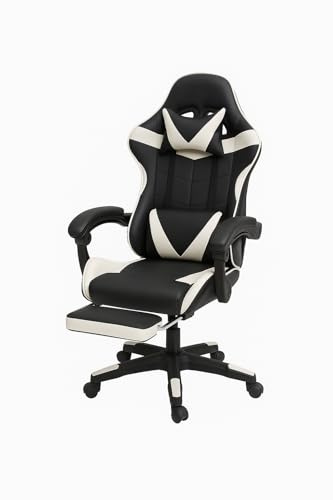 Generico Sedia Gaming Ergonomica con Poggiapiedi Estraibile, Cuscino Lombare e Poggiatesta – Poltrona da Ufficio e Gaming in Ecopelle, Schienale Reclinabile 135°, Altezza Regolabile (Nero/Bianco)