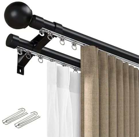 Tringle à rideaux 2 voies 2,1 m à fixation murale réglable en aluminium pour rideaux - Noir - Idéale pour les traitements de fenêtre de 1 à 6 m et élégante