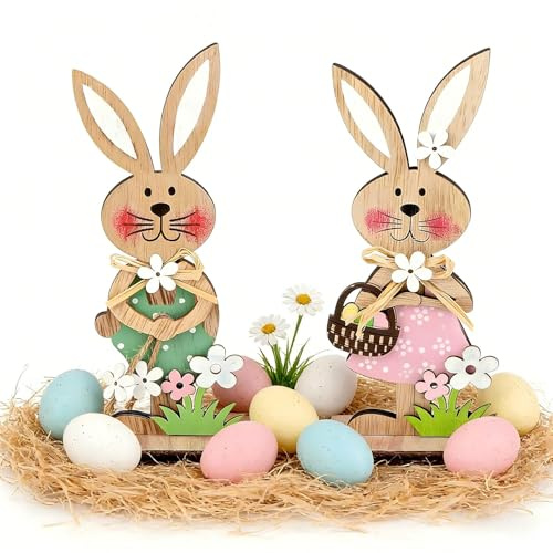 2 Stück Osterdeko Holz Hase, Osterhase Deko aus Holz zum Hinstellen, Deko Aufsteller für Ostern, Oster Tischdeko Garten Osterdekoration