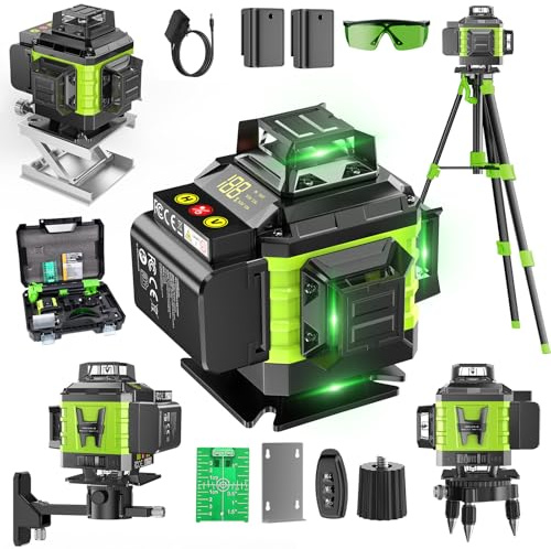 16 Line Laser Level 360 Self Leveling, 4x360°Professional 4D Green Cross Line Laser Level with 2 Batteries, Adjustable Brightness & Remote Control, Tripod