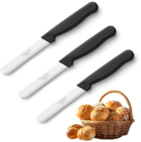 Kuppels Brotzeitmesser-Set 3-tlg, Wellenschliff, Schwarz, Solingen | Scharfe Frühstücksmesser mit ergonomischem, rutschfestem Kunststoffgriff – praktisch und pflegeleicht