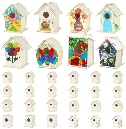 PH PandaHall Set di 24 casette per uccelli in legno grezzo, 8 stili, casette per uccelli da appendere per dipingere artigianato nido per uccelli per fai da te feste primaverili aule ornamenti progetti