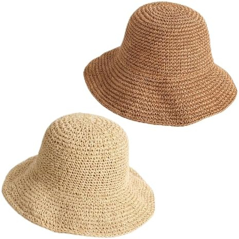 2 Piezas Sombrero de Paja para Mujer Sombrero Verano Mujer Pescador Sombra
