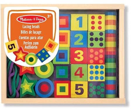 Melissa & Doug - Juego de Cuentas de Madera para Ensartar: Números, Colores y Formas Geométricas, 27 Piezas y 2 Cordones - Juguetes Niños 3 años + - Regalo Niño 3 años + - Montessori