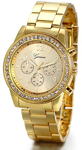 JewelryWe Herren Damen Armbanduhr, Elegant Shiny Business Casual Analog Quarz Edelstahl Armband Uhr mit Strass Digital Zifferblatt, Gold