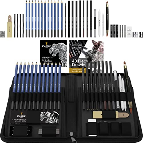 Castle Art Supplies Set 40 Pezzi per Disegno e Bozzetto Dotato di Guida | Per Artisti | Matite, Carboncini, Grafiti e Molto Altro | Con Custodia Cernierata di Trasporto