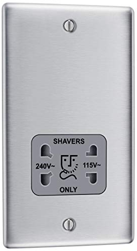 BG Electrical Dual Voltage Shaver Plug Socket, Electric Toothbrush Charger Socket, Bathroom, Raised and Slim Profile, Round Edges, Nexus Metal, 2-Pin, Brushed Steel, Grey Inserts, 115V / 240V, NBS20G