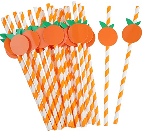 Vesici 100 Pcs Orange White Striped Paper Straws Cute Fruit Themed Disposable Drinking Straws for Baby Shower Birthday Carnival Summer Decoration Supplies Party 0.24 x 7.76 Inches