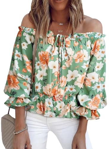 BLENCOT Sexy Floral Off Shoulder Blouse for Women Summer 3/4 Ruffle Sleeve Chiffon Shirts Tops Green L