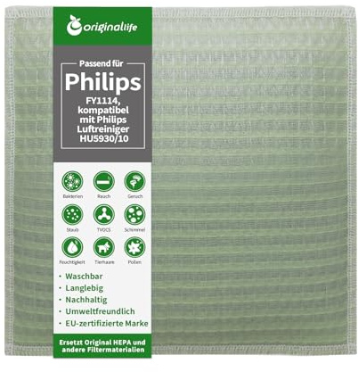 Original Life Waschbar Ersatzfilter für Philips FY1114, kompatibel mit Philips Luftreiniger HU5930/10