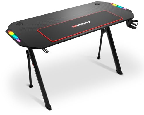 DRIFT GAMING Gamingbord med kolfiberskiva, dryckes- och headsethållare, ljudreaktiva RGB-sidor, musmatta 80 x 30 cm, svart, DRDZ175RGB, 130 x 60 x 75 cm