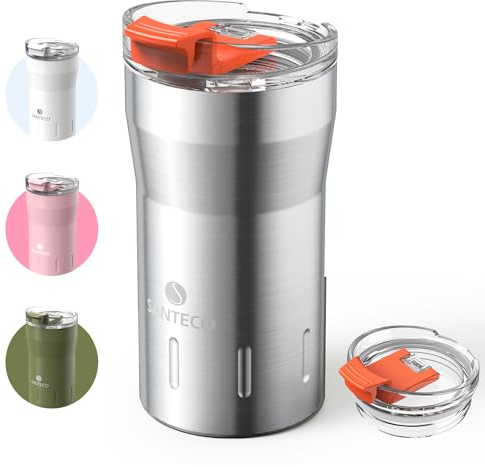 SANTECO Thermobecher 350ml, Kaffeebecher to go 18/8 aus Edelstahl Doppelwandig isoliert - Hält 6 Stunden Heiß - 100% auslaufsicher trinkbecher mit transparent deckel BPA-freier