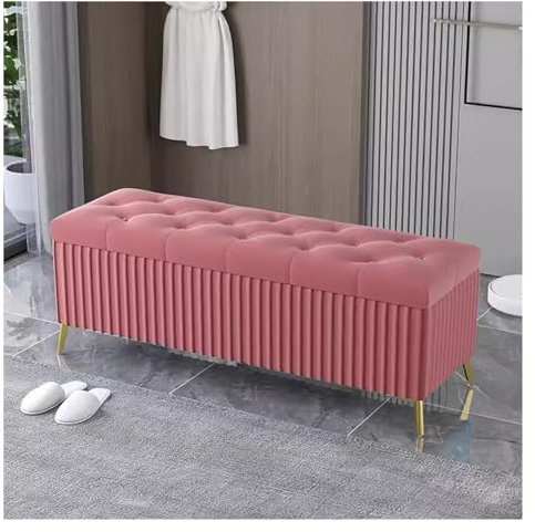 Luxuriöse Samt-Polsterbank, getuftet, mit Stauraum, mit goldenen Beinen, Rosa, 80 cm