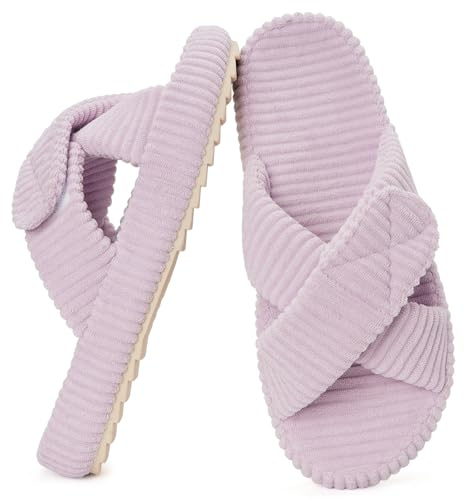 Mujer Zapatillas Cómoda Espuma de Memoria Pana Banda Cruzada Antideslizante Pantuflas Casa,Violeta Claro,39/40 EU,Etiqueta 40-41
