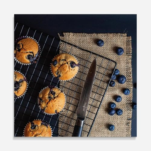 ARTHUB® Crédence de Cuisine en Verre 100x100 cm, Blueberry Muffins Dessert | Protection Contre Les éclaboussures, Revêtement Mural en Carreaux, Plaque en Verre, Verre trempé, Aliments, Bonbons