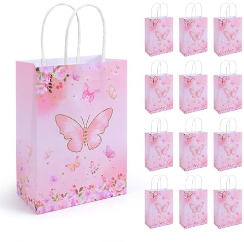 12 Stück Schmetterling Geschenktüten, Papiertüten mit Griffen, Geburtstagstüten Kindergeburtstag, Mitgebsel Tüten für Mädchen Geburtstag, Schmetterling Deko Party Taschen, Geschenkverpackung Bunt (D)