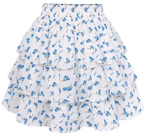 Mini Skirts for Women Summer Floral Skorts Tiered Ruffle Shorts Skater Boho Skirt with Pockets Blue S