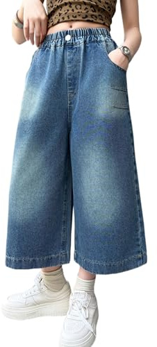 Rolanko Caprijeans för flickor, trefjärdedelsjeans, breda ben med elastisk midja för flickor, 6–14 år, Medium blå, 10-11 anni