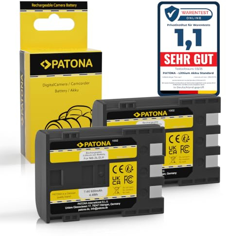 PATONA 2X Batteria per Canon NB-2L, NB-2LH 600mAh 4.4Wh | Batteria per EOS 350D 400D Rebel XT XTi PowerShot G7 G9 S40 S50 S60 S70 S80 ZR950 ZR960 HG10 HV40 MV930-MV960