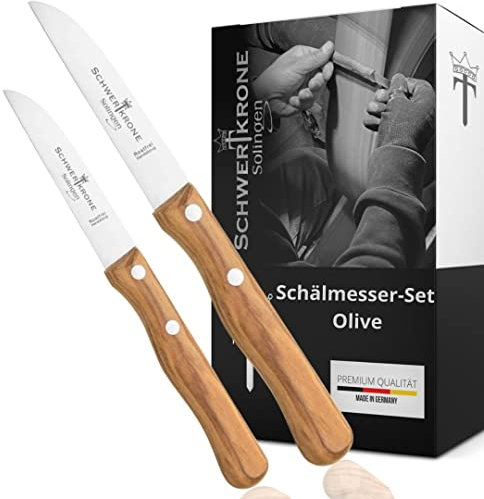 Solingen Germany - Set di 2 coltelli per frutta e verdura, con manico in legno, affilati, in legno d'ulivo, 3''/4'' inossidabili