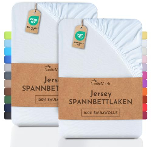 NatureMark 2er Pack Jersey Spannbettlaken, Spannbetttuch 100% Baumwolle in vielen Größen und Farben MARKENQUALITÄT ÖKOTEX Standard 100 | 120x200 cm - weiß