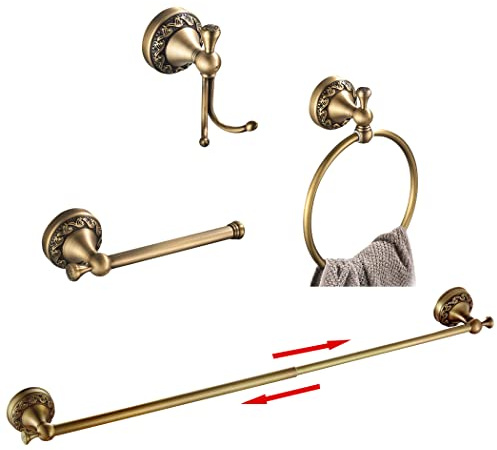 BATHSIR Antikes MessingHandtuchstangenSet, verstellbares Badezimmerzubehör beinhaltet erweiterbaren Handtuchhalter Toilettenpapierhalter Handtuchring Bademantel Haken Retro geschnitzt Stil Hardware