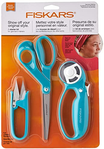 Fiskars 87950 Kleidungsnäh-Mode-Starter-Set, 3-teilig, Rollschneider, Fadenschere und Schere Kunsthandwerk, Edelstahl, Türkis/Ausflug, einfarbig (Getaway Solids), Garment Making, 3 Count